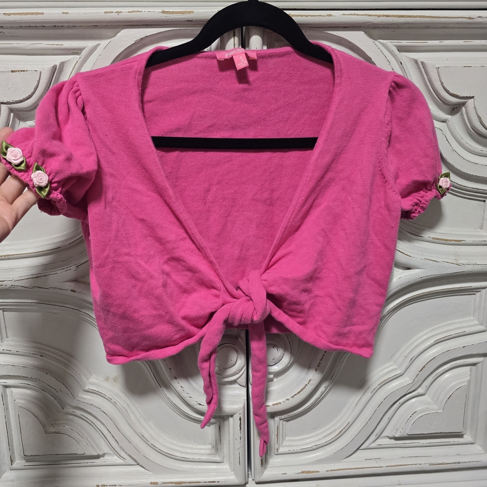 Pink Tie-Front Short Sleeve Crop Top